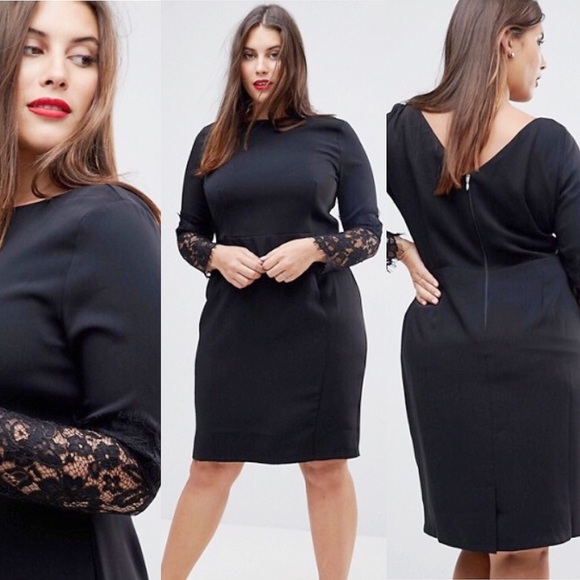 Black Pencil Dress w/ Bateau Neckline, Lace Sleeve - Picture 1 of 8